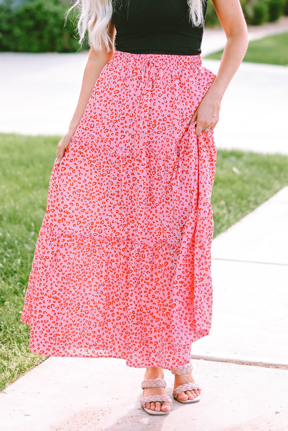 Pink Leopard Print Frilled Drawstring High Waist Maxi Skirt