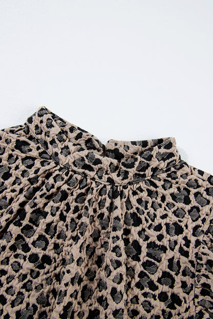 Khaki Animal Print Ruffle Sleeve Back Button Top