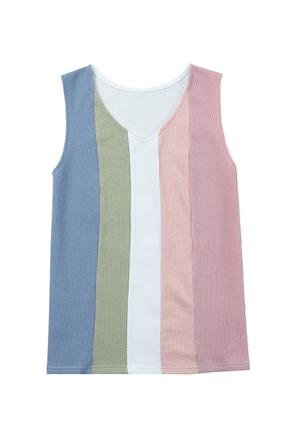 Multicolor Color Block V-Neck Waffle Knit Tank Top