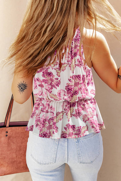 Pitaya Pink Hollowed Halterneck Floral Peplum Tank Top