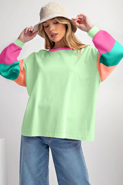 Light Blue Colorblock Patchwork Long Sleeve Loose Top