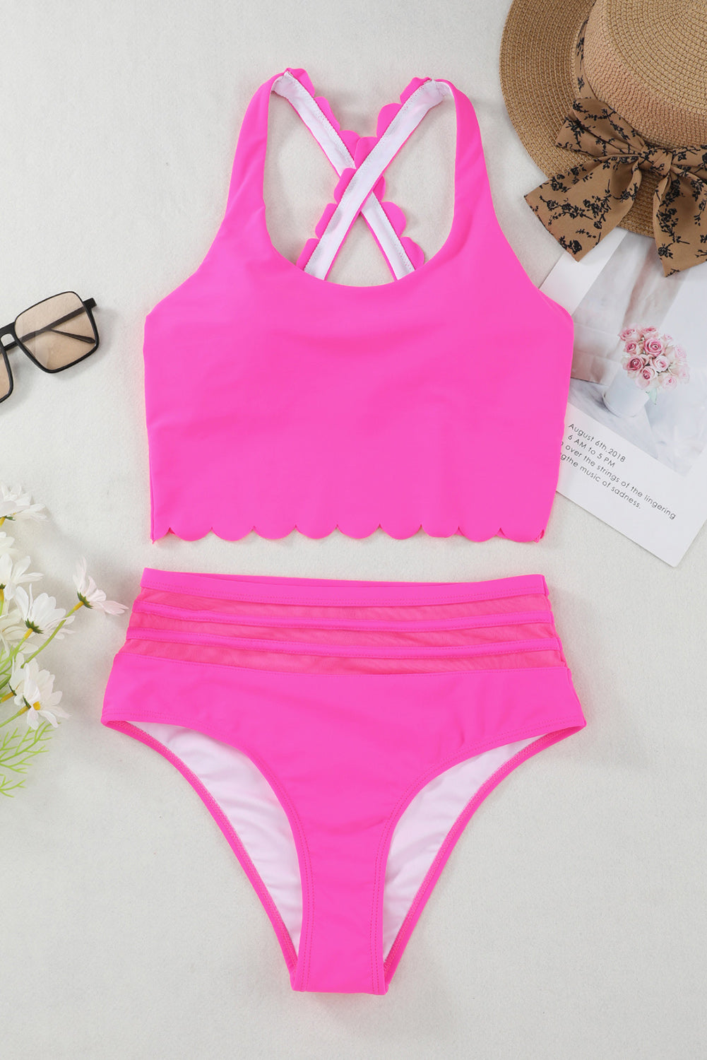 Pink Scalloped Criss Cross High Waist Bikini