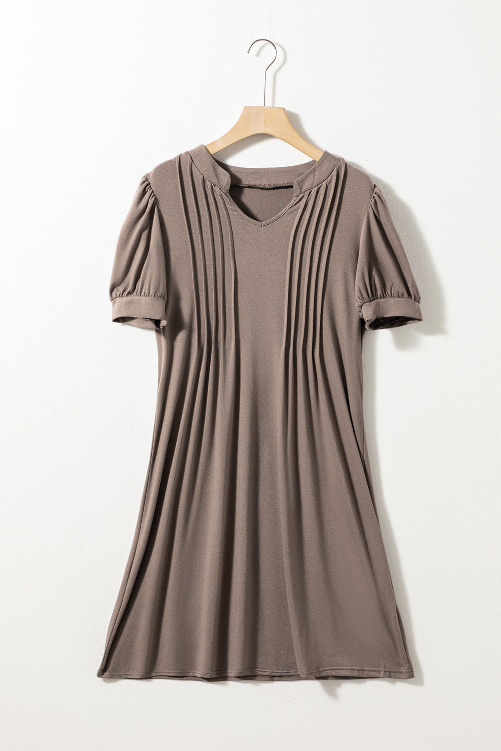 Desert Palm Notched Neck Pleated Puff Sleeve Shift T-shirt Dress