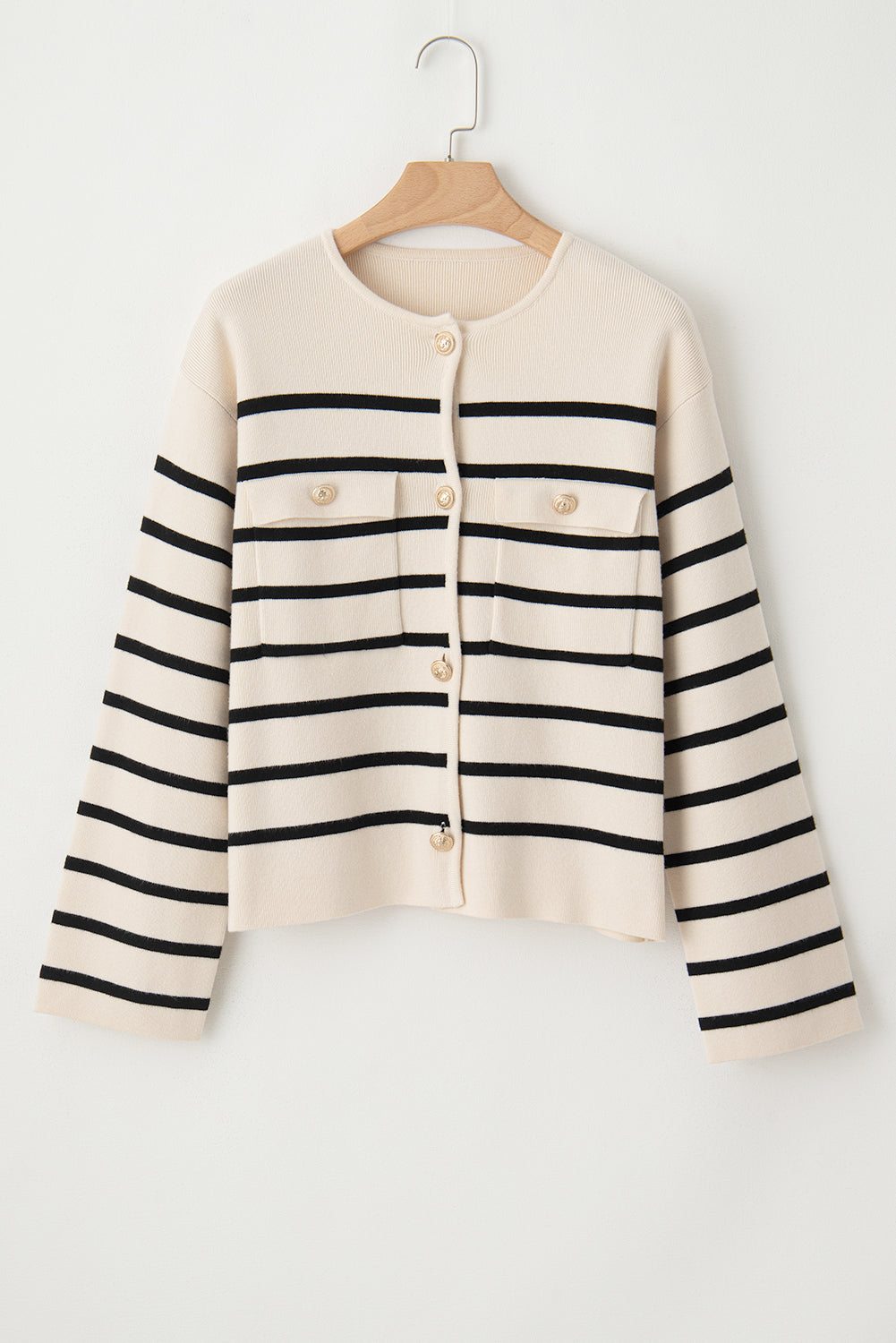 Black Stripe Flap Pocket Buttoned Cardigan Sweater