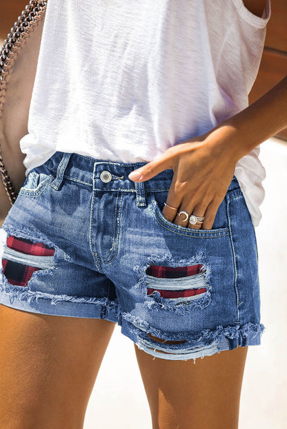 Casual Floral Patchwork Rolled Hem Denim Shorts