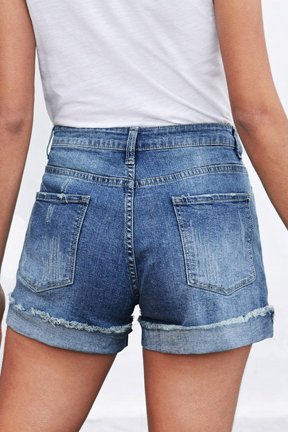 Casual Floral Patchwork Rolled Hem Denim Shorts