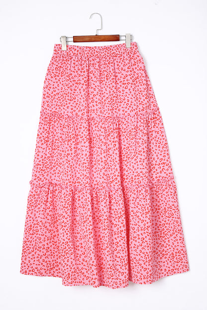 Pink Leopard Print Frilled Drawstring High Waist Maxi Skirt