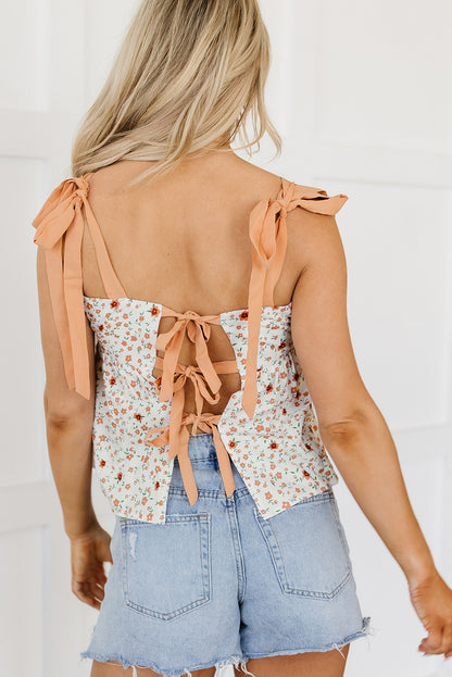 White Tied Shoulder Floral Print Babydoll Tank