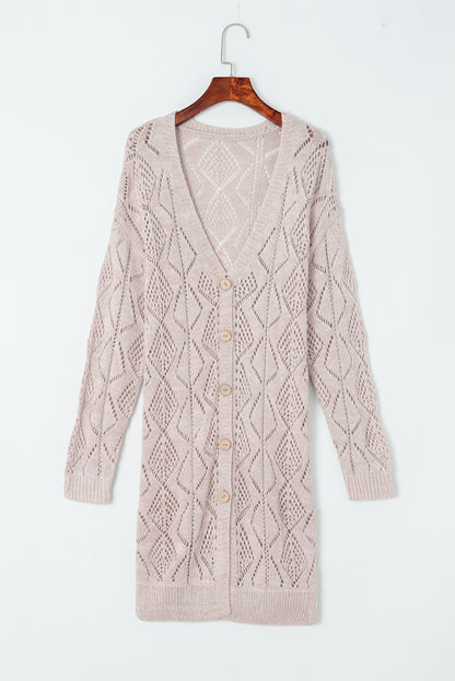 Khaki Hollow-out Openwork Knit Cardigan