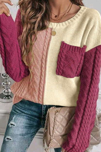 Gold Flame Colorblock Patched Pocket Drop Shoulder Sweater