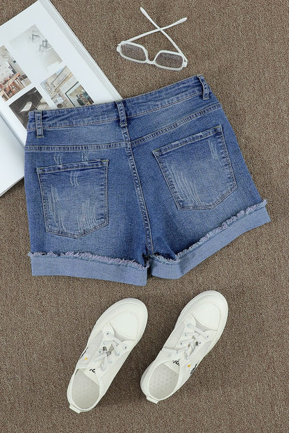 Casual Floral Patchwork Rolled Hem Denim Shorts