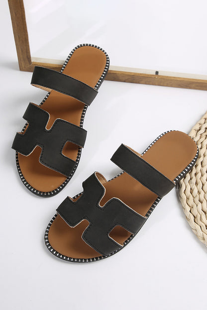 Brown Cut Out H Shape Band PU Leather Slippers