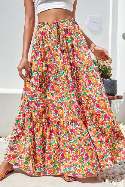 Yellow Boho Floral Print Tiered Long Skirt