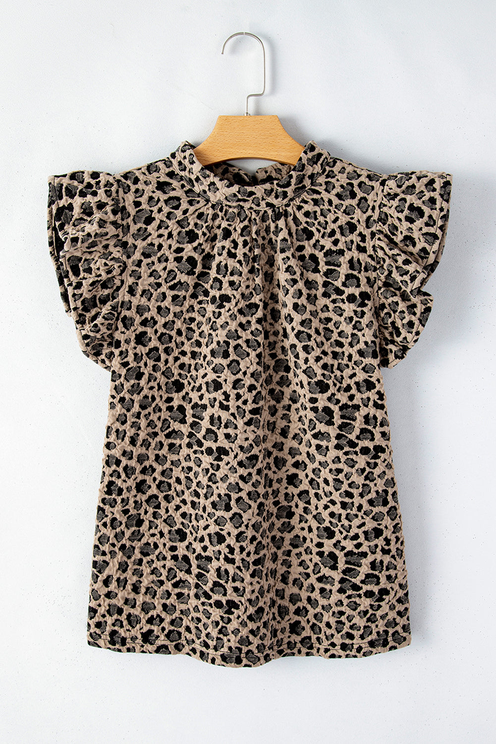 Khaki Animal Print Ruffle Sleeve Back Button Top