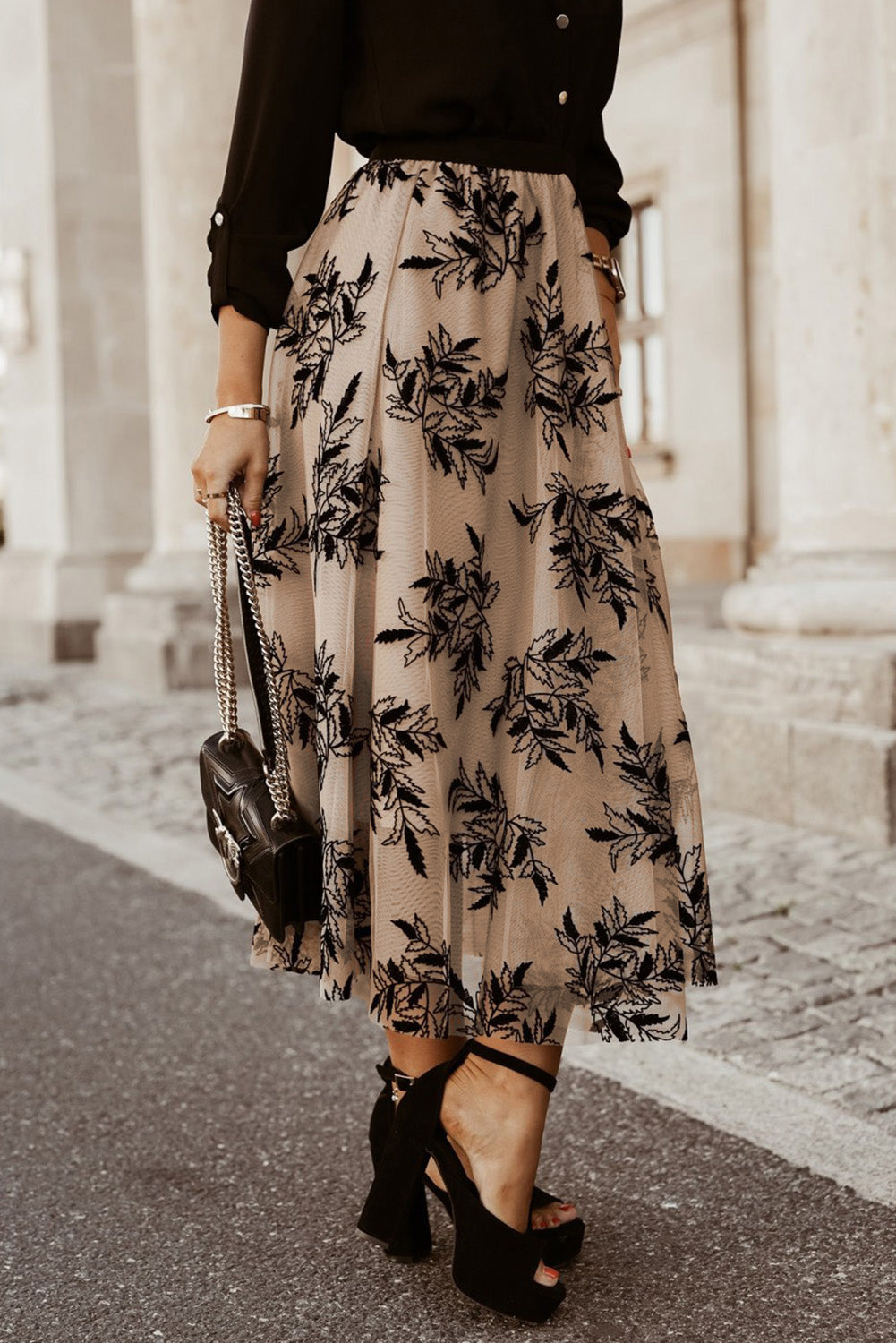 Apricot Floral Leaves Embroidered High Waist Maxi Skirt