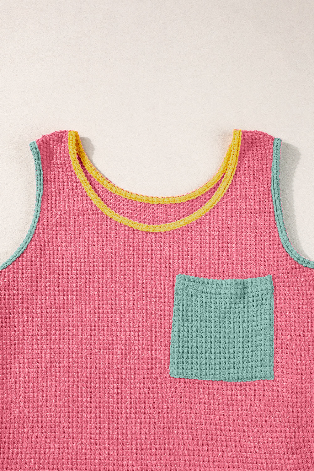 Rose Red Color Block Patched Pocket Breathable Knit Tank Top