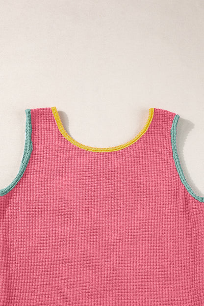 Rose Red Color Block Patched Pocket Breathable Knit Tank Top