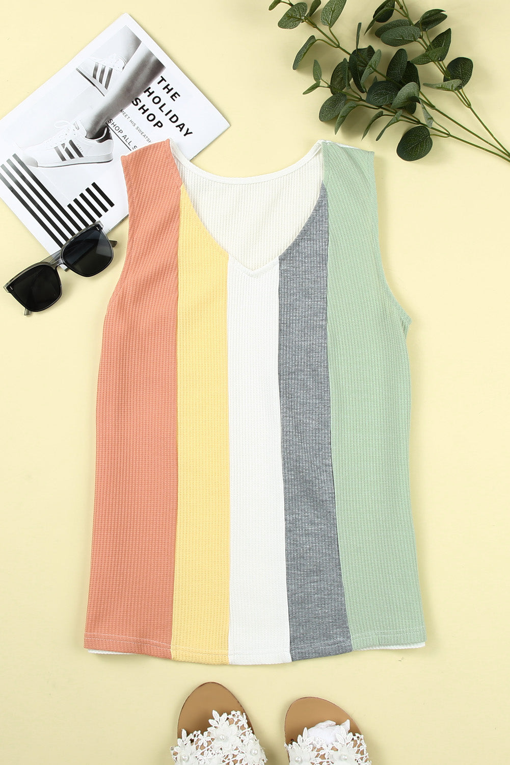 Multicolor Color Block V-Neck Waffle Knit Tank Top