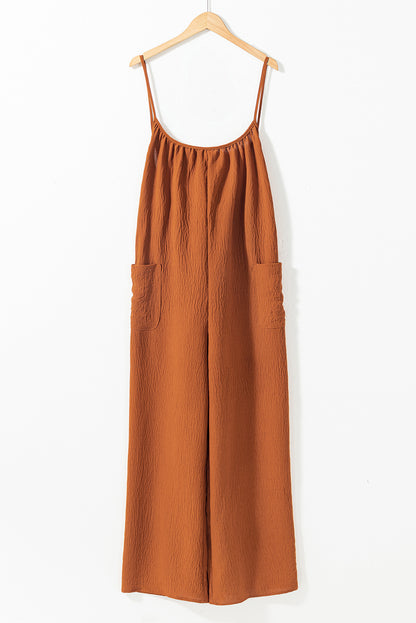 Apricot Spaghetti Straps Waist Tie Wide Leg Jumpsuit with Pockets