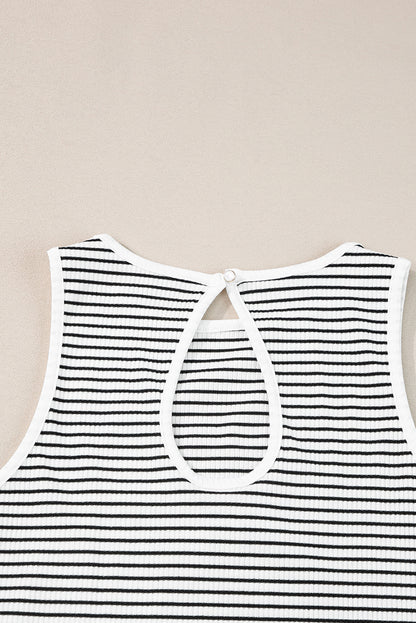 Black Striped Print Ribbed Knit Sleeveless Top