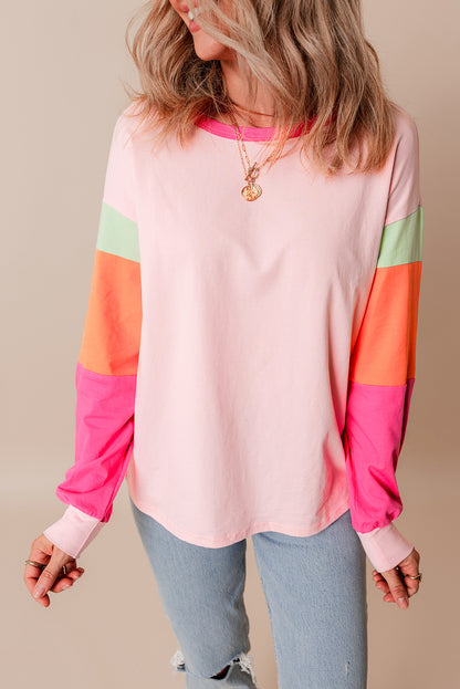 Light Blue Colorblock Patchwork Long Sleeve Loose Top