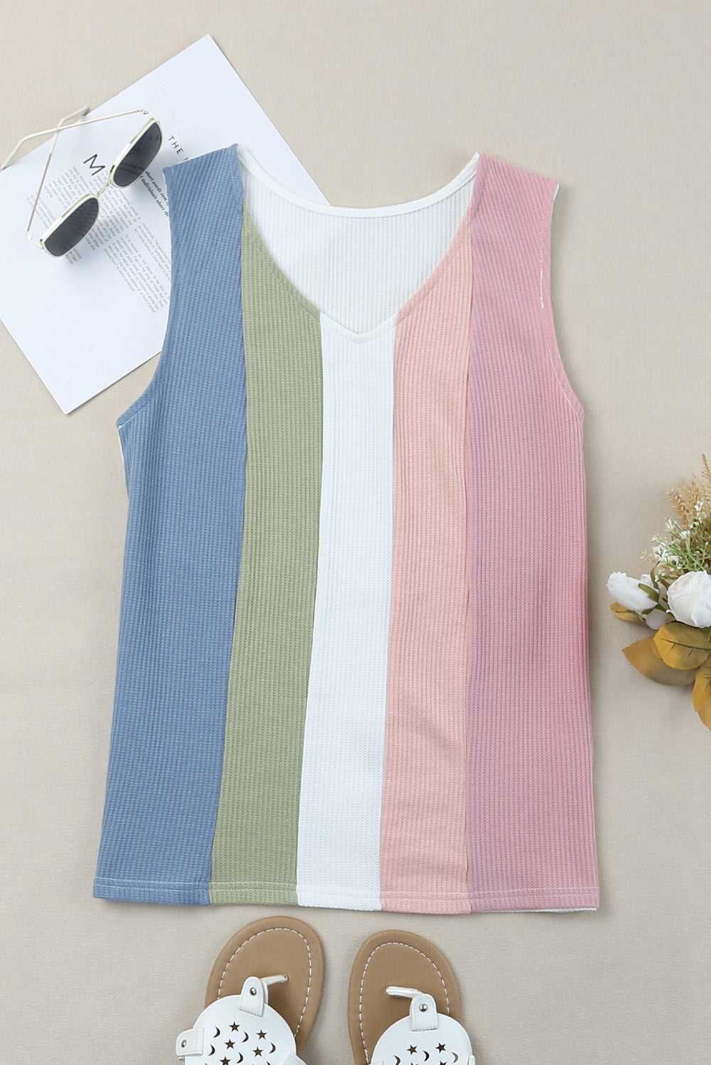 Multicolor Color Block V-Neck Waffle Knit Tank Top