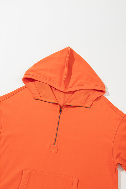 Orange Solid Kangaroo Pocket Half Zipper Oversized Hoodie