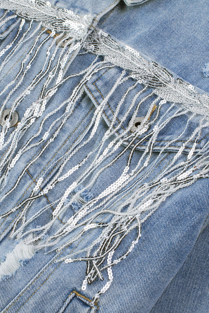 Sky Blue Sequin Embellished Fringe Distressed Denim Jacket