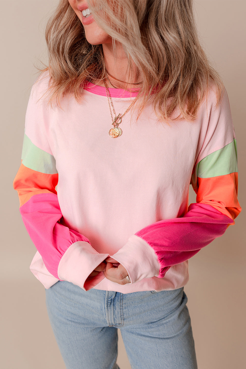 Light Blue Colorblock Patchwork Long Sleeve Loose Top