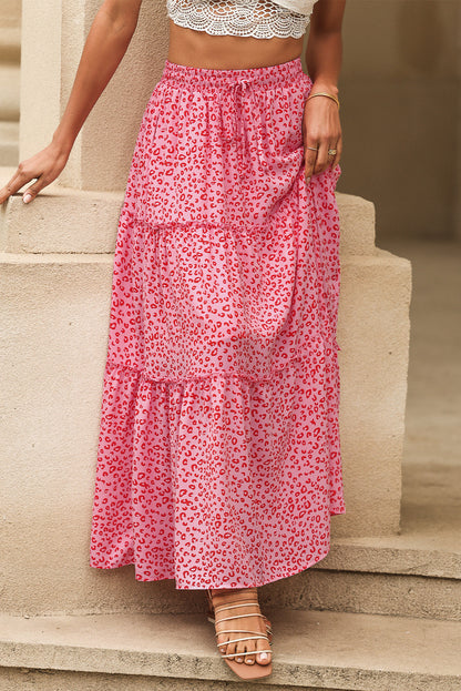 Pink Leopard Print Frilled Drawstring High Waist Maxi Skirt