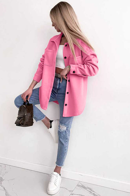 Pink Solid Color Pocketed Button up Long Sleeve Shacket