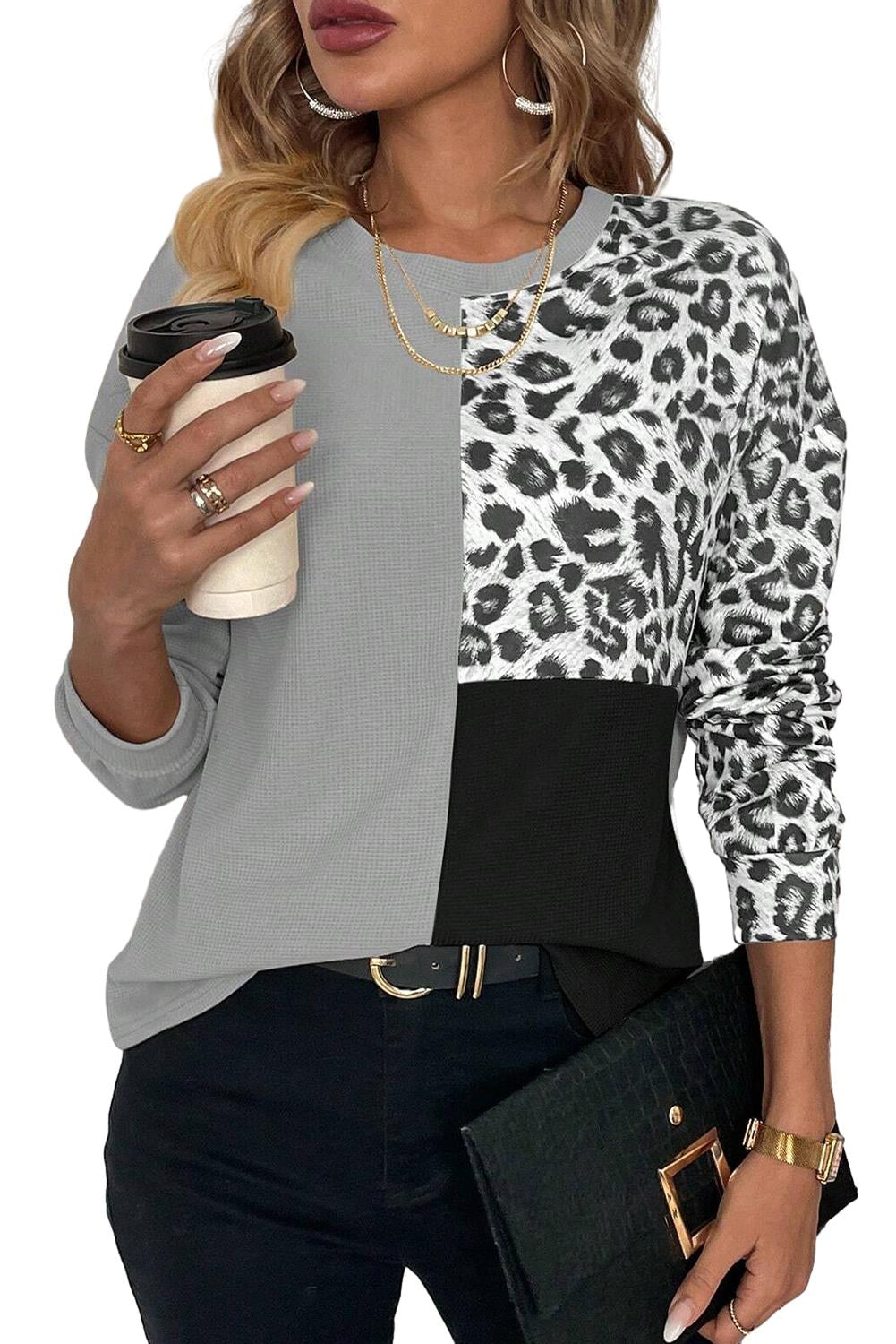 Bonbon Leopard Colorblock Waffle Knit Top