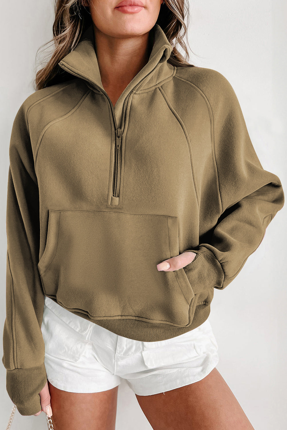 Brown Fleece Lined Zip Up Stand Collar Thumbhole Sleeve Sweatshirt