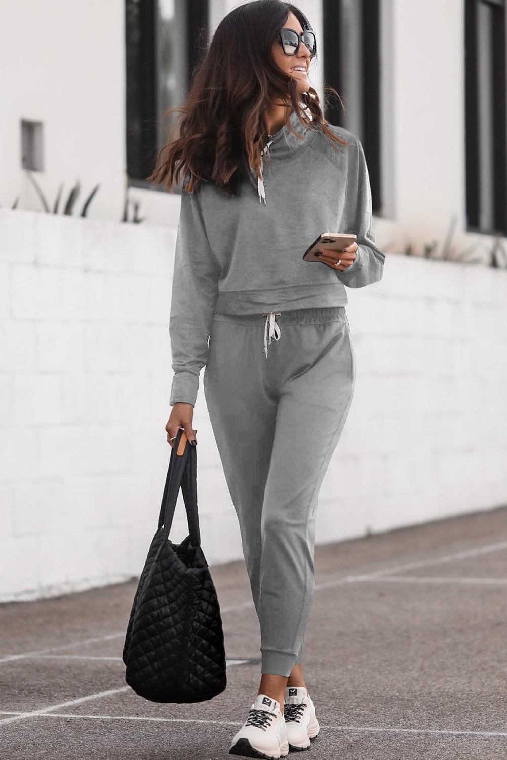 Black Drawstring Hoodie and High Waist Pants Lounge Set