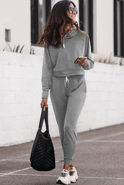 Black Drawstring Hoodie and High Waist Pants Lounge Set