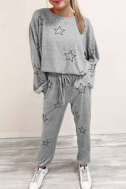 Gray Stars Print Long Sleeve Drawstring High Waist Lounge Set