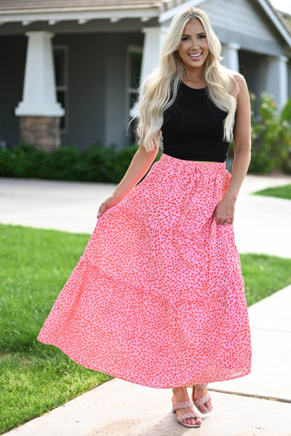 Pink Leopard Print Frilled Drawstring High Waist Maxi Skirt