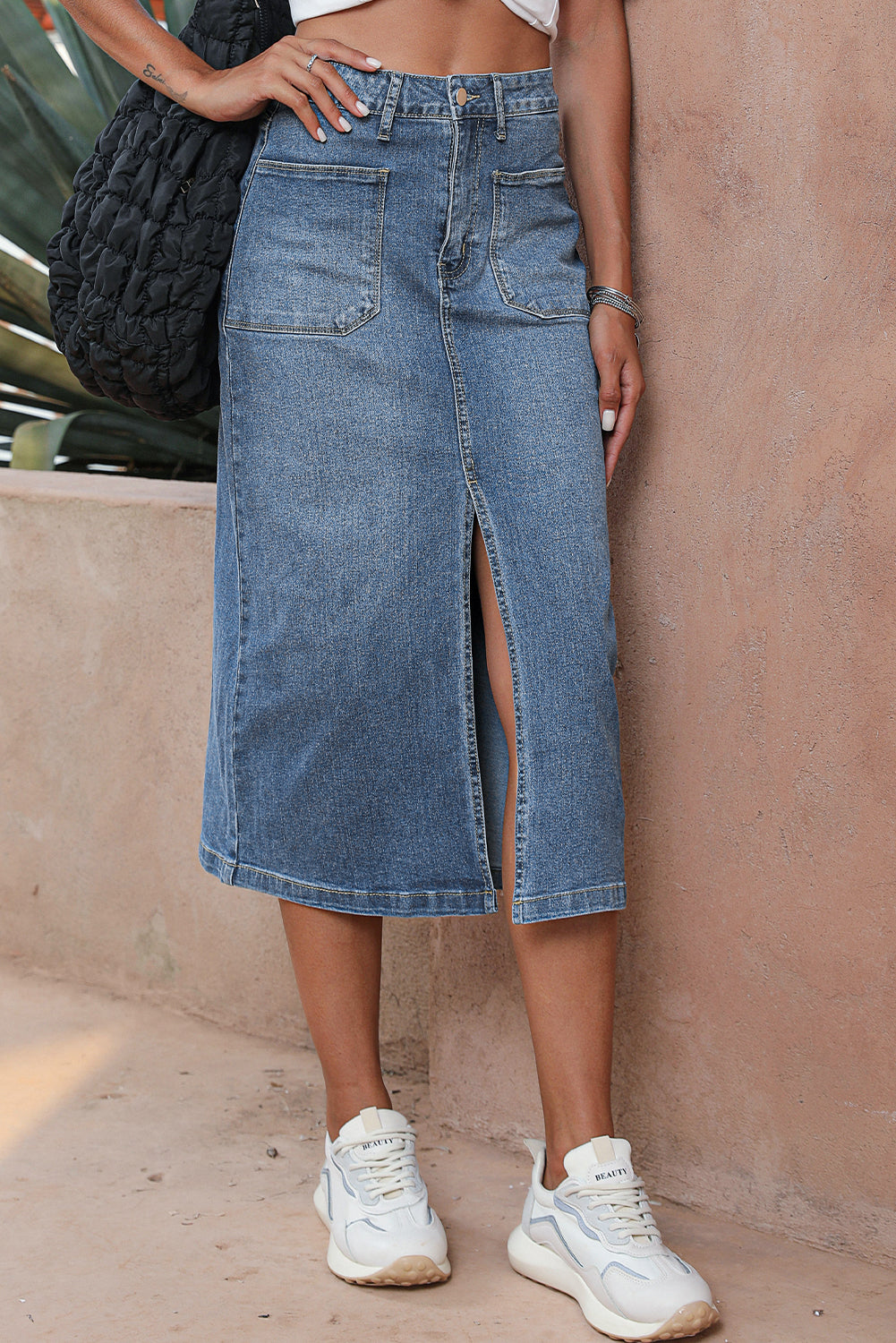 Sky Blue 4 Patch Pockets Front Slit Midi Denim Skirt