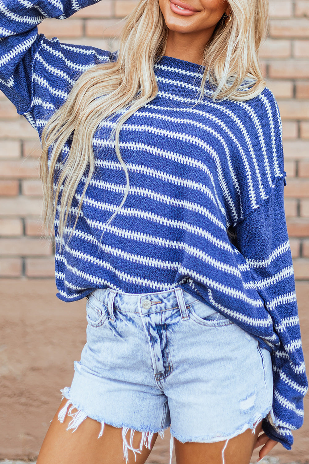 Sky Blue Stripe Drop Shoulder Casual Sweater