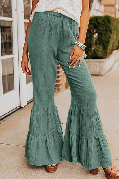 Black Textured High Waist Ruffled Bell Bottom Pants