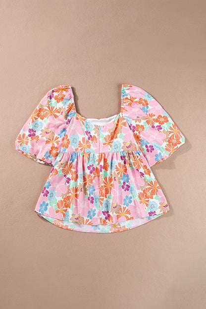 Pink Floral Puff Sleeve Square Neck Babydoll Blouse