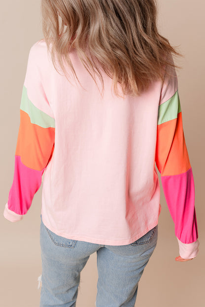 Light Blue Colorblock Patchwork Long Sleeve Loose Top