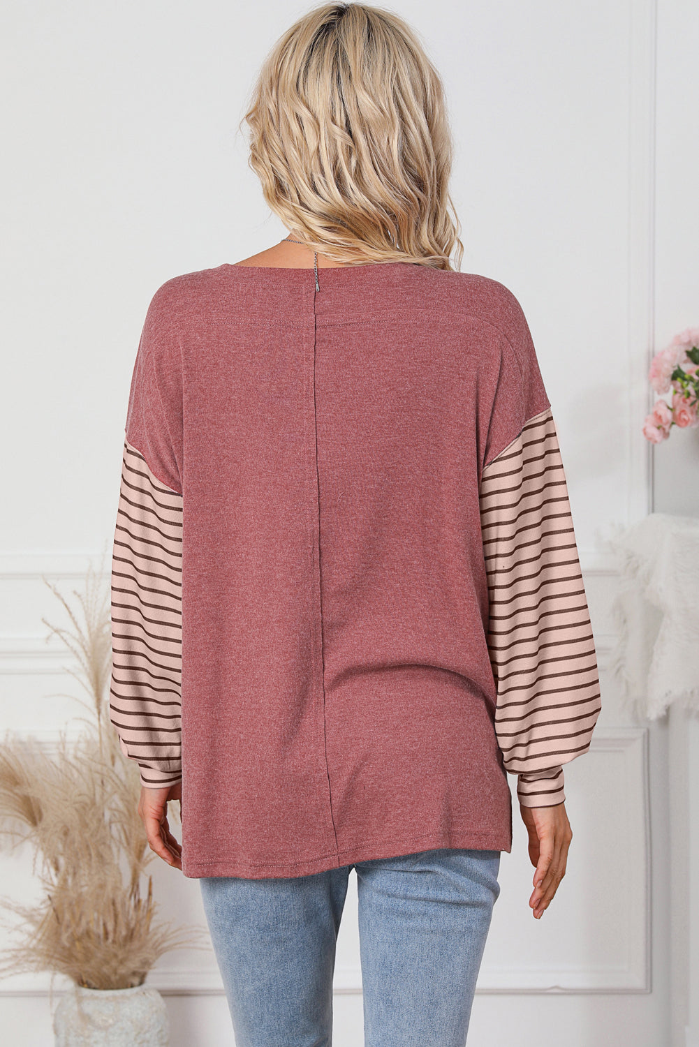 Peach Blossom Colorblock Striped Bishop Sleeve Top