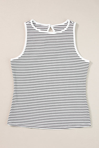 Black Striped Print Ribbed Knit Sleeveless Top